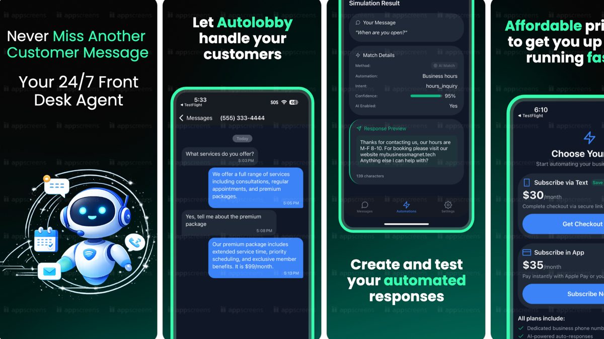 AutoLobby SMS app screens showing an automated text conversation and the business dashboard
