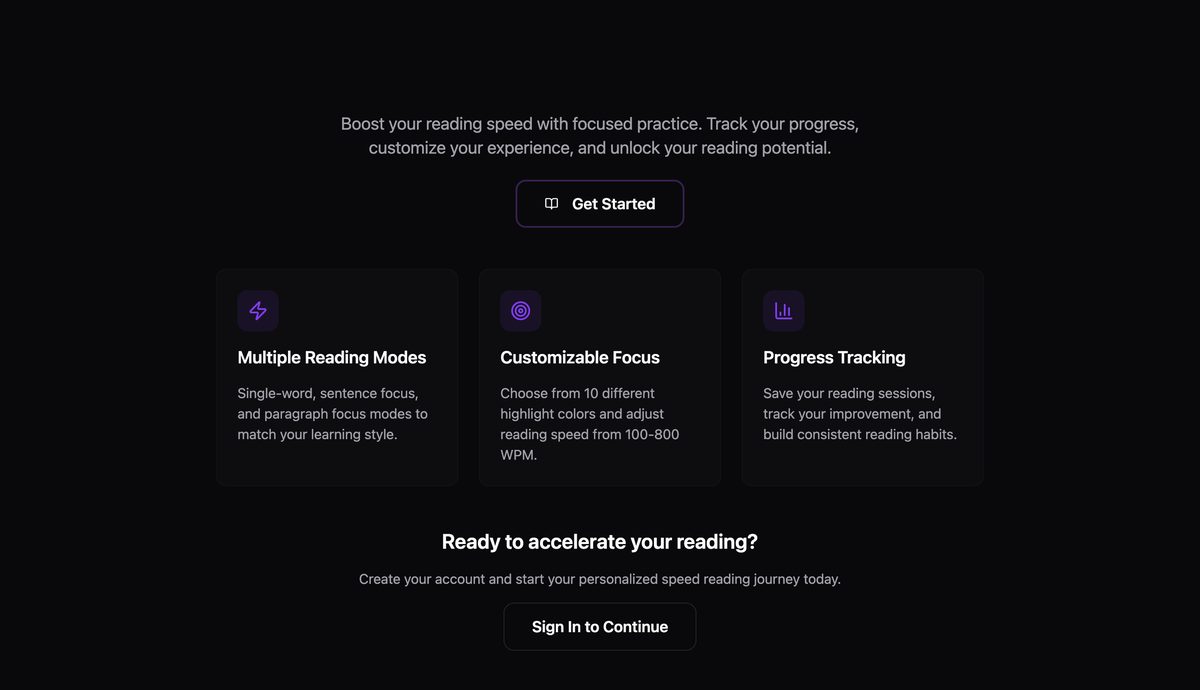 The Flow speed-reading app landing screen showing reading modes, focus settings, and progress tracking
