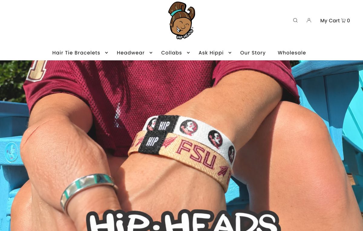 hipheads.com homepage with the rebuilt navigation and NCAA hair tie bracelets