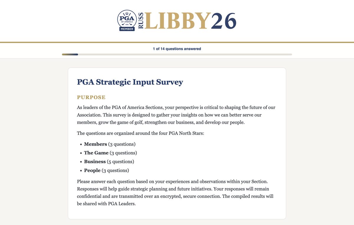 The PGA Strategic Input Survey landing screen with campaign branding and a progress bar