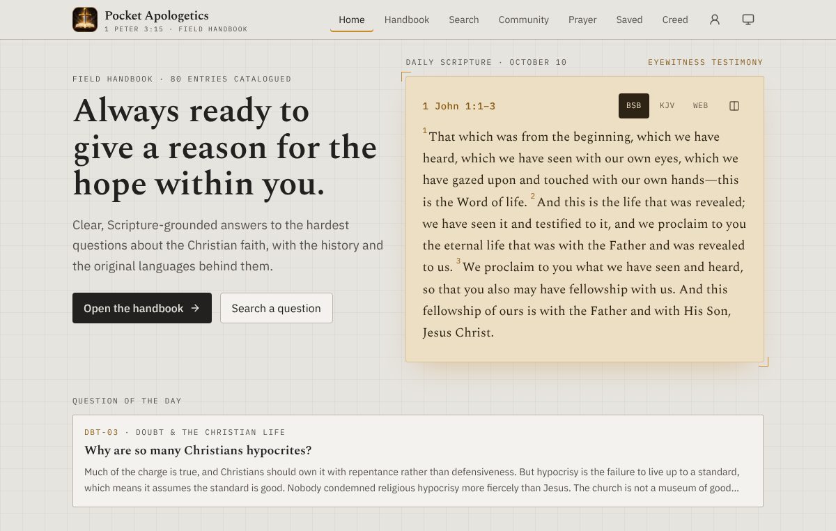 The Pocket Apologetics home screen with the daily Scripture card, translation switcher, and question of the day